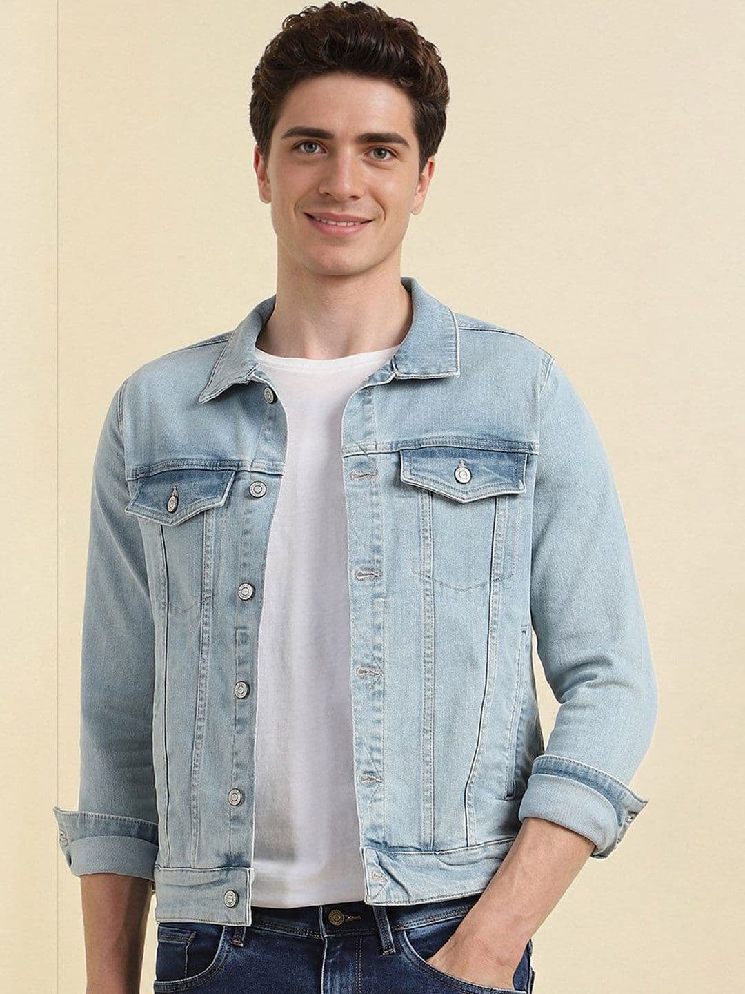 Allen Solly Men Spread Collar Washed Solid Cotton Casual Denim Jacket - view 1