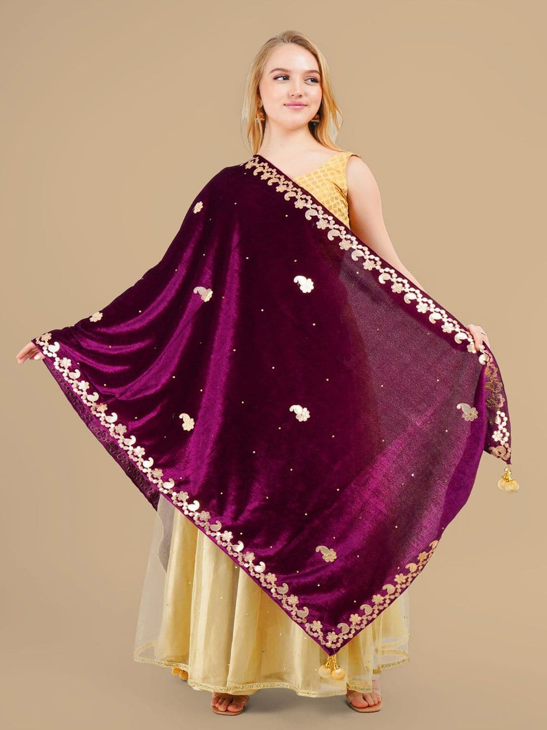 Karthav Fashion Paisley Embroidered Velvet Dupatta With Gotta Patti - view 1