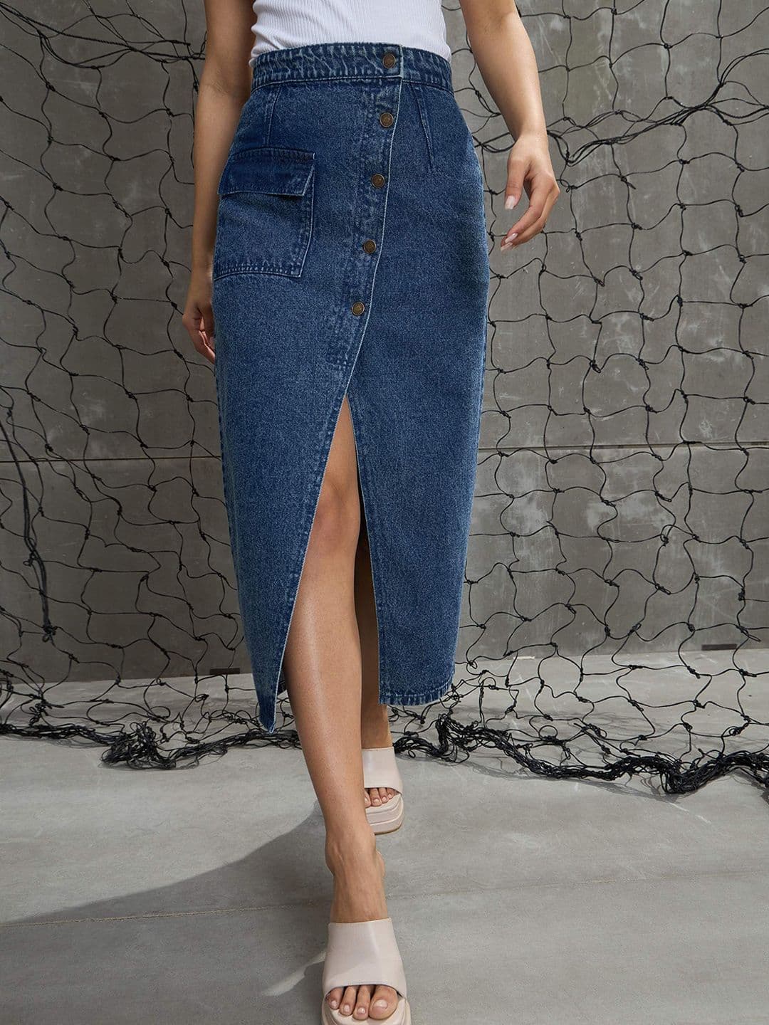 SASSAFRAS Front Button Midi Wrap Denim Skirt - view 1