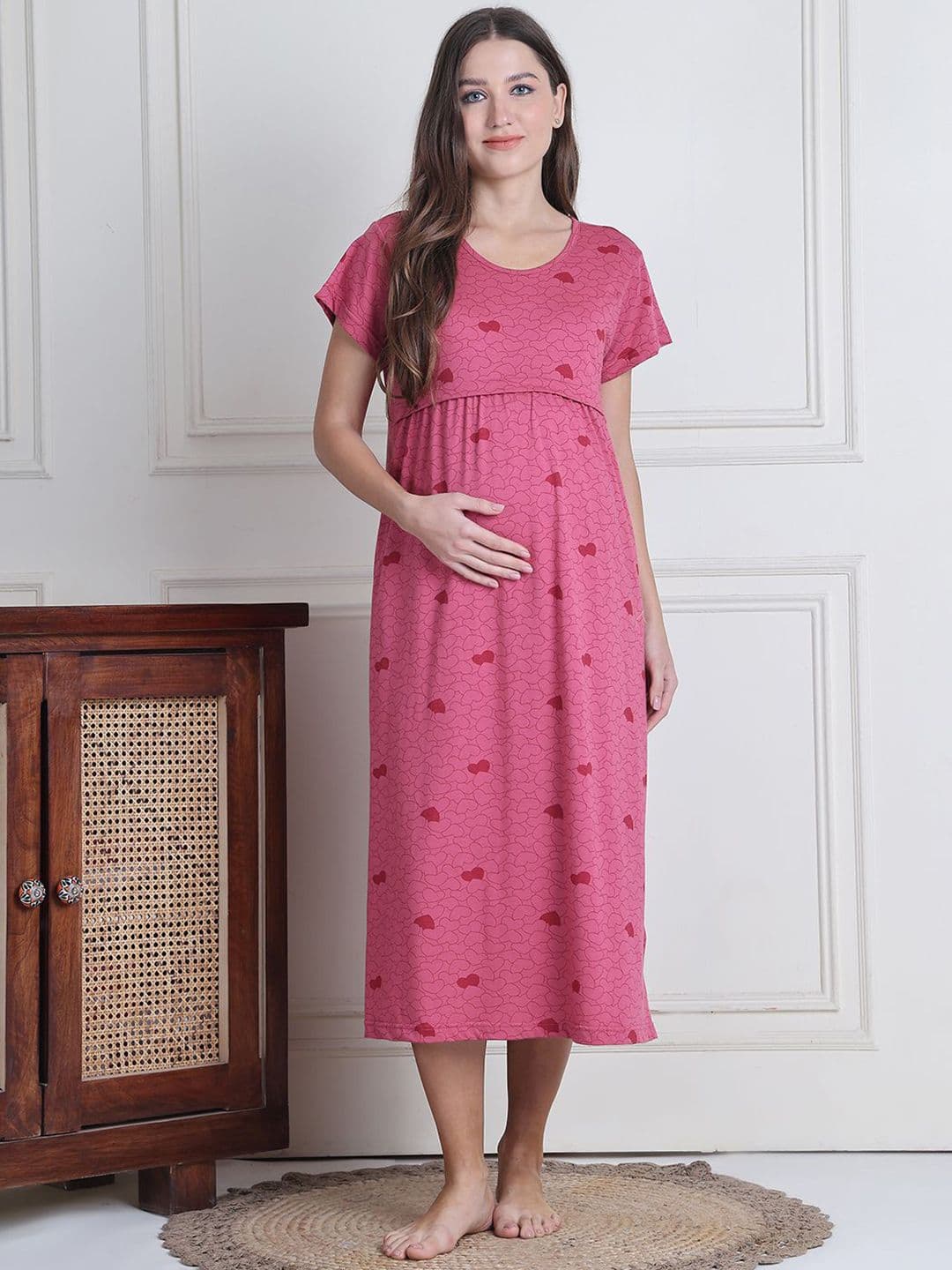 Secret Wish Women Conversational Printed Pure Cotton Maternity Midi Nighty - view 1