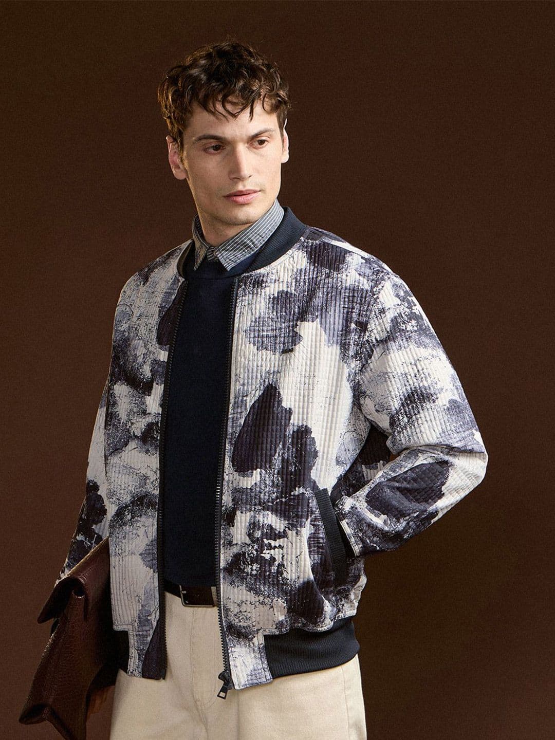 THE BEAR HOUSE Men Stand Collar Abstract Printed Casual Lightweight Bomber Jacket - view 1