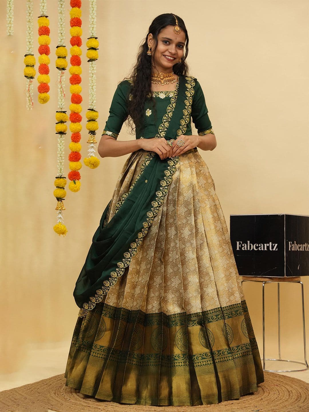Fabcartz Embroidered Zari Work Semi-Stitched Lehenga With Unstitched Blouse & Dupatta - view 1