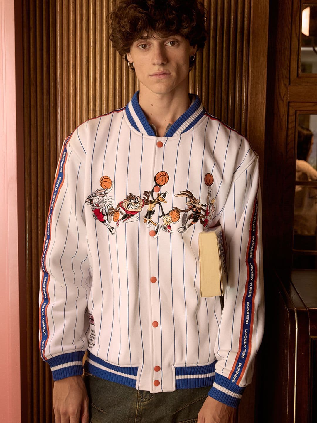 Bonkers Corner Men Stand Collar Graphic Printed Cotton Casual Varsity Jacket - view 1