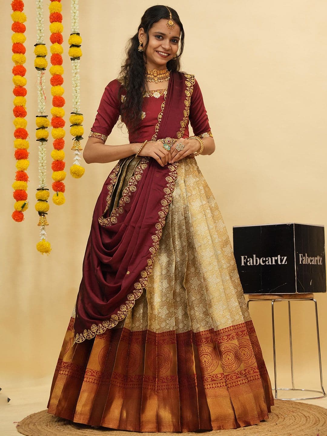 Fabcartz Embroidered Zari Work Semi-Stitched Lehenga With Unstitched Blouse & Dupatta - view 1