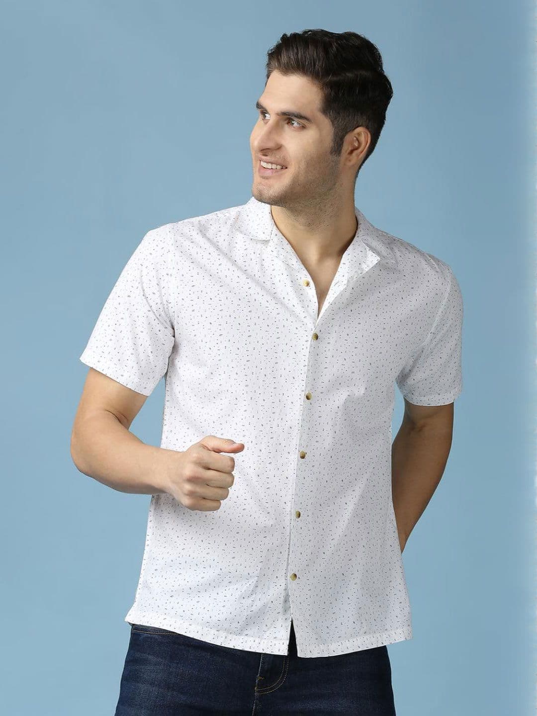 SNX Men Tailored Fit Cuban Collar Micro Ditsy Printed Cotton Casual Shirt - view 1