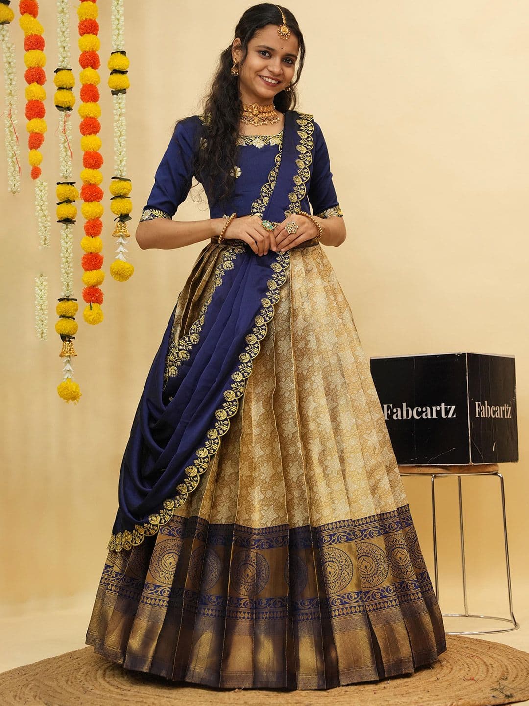 Fabcartz Embroidered Zari Work Semi-Stitched Lehenga With Unstitched Blouse & Dupatta - view 1