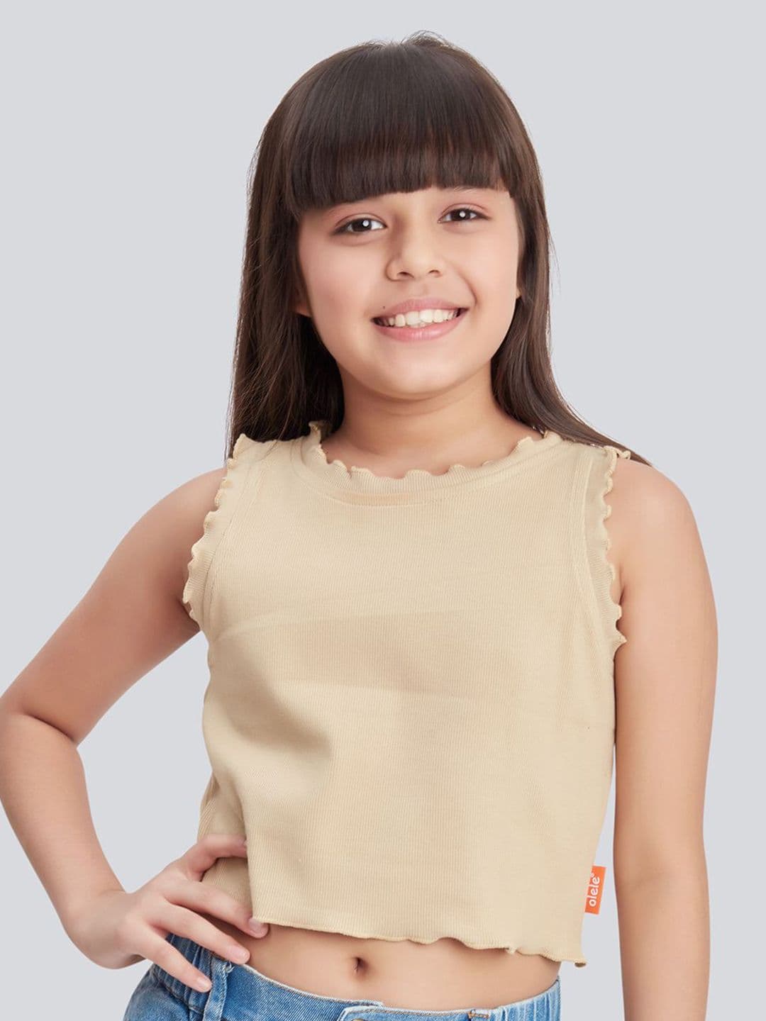 Olele Girls Tea Brown Sleeveless Cotton Rib Crop Top - view 1