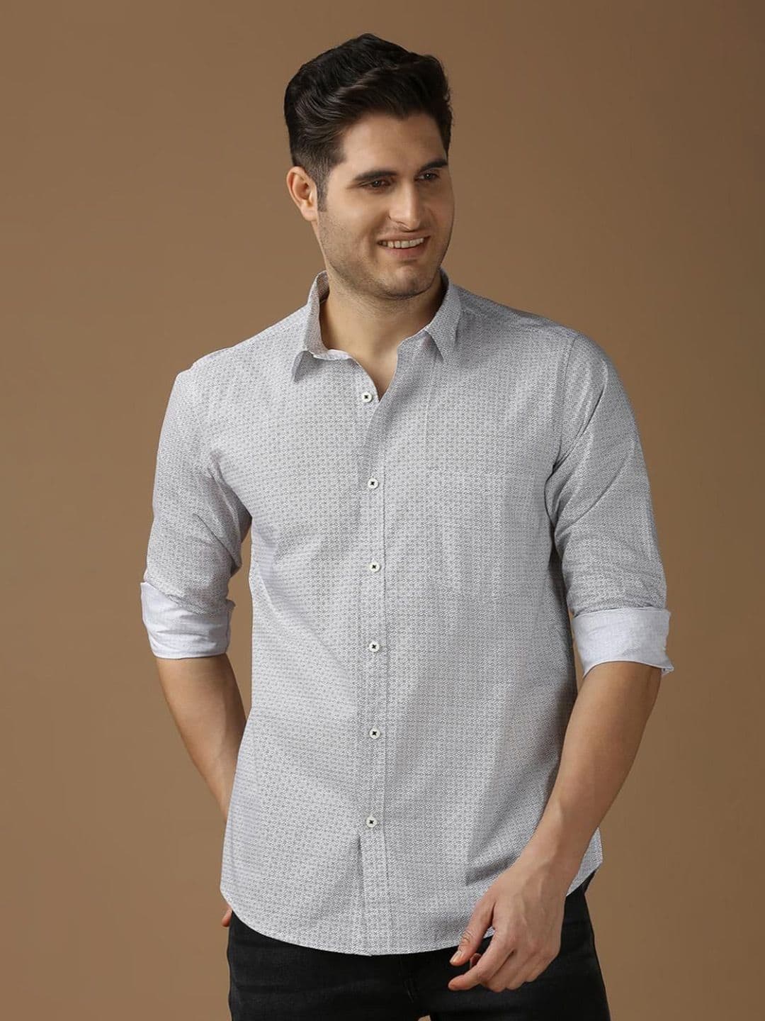 SNX Men Spread Collar Micro Ditsy Printed Cotton Casual Shirt - view 1