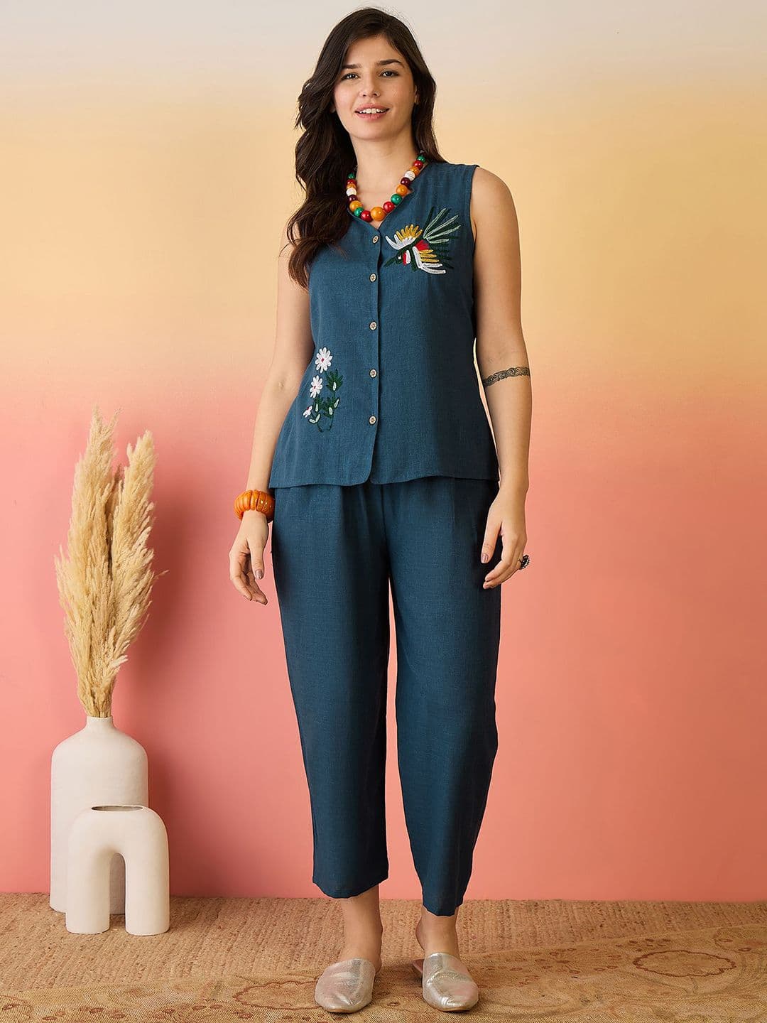 Sangria Blue And White Embroidered V-Neck Pure Cotton Top & Trousers - view 1