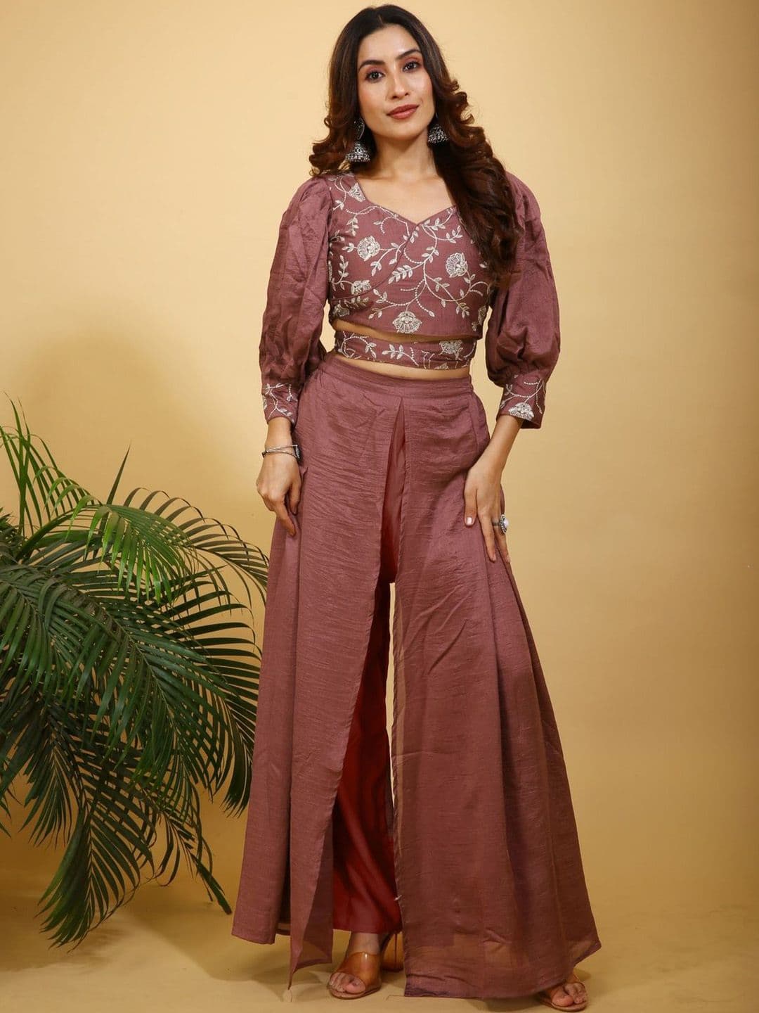 SANCIA Floral Embroidered Sweetheart Neck Crop Top With Palazzos - view 1