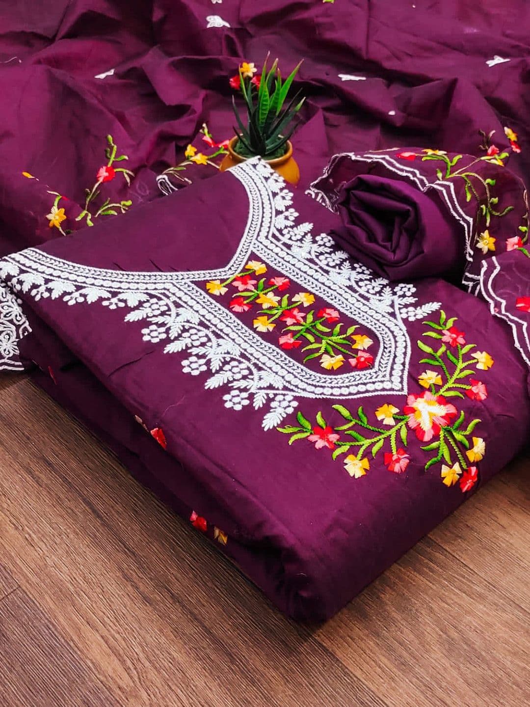 HMP Fashion Floral Embroidered Jacquard Chanderi Unstitched Dress Material - view 1