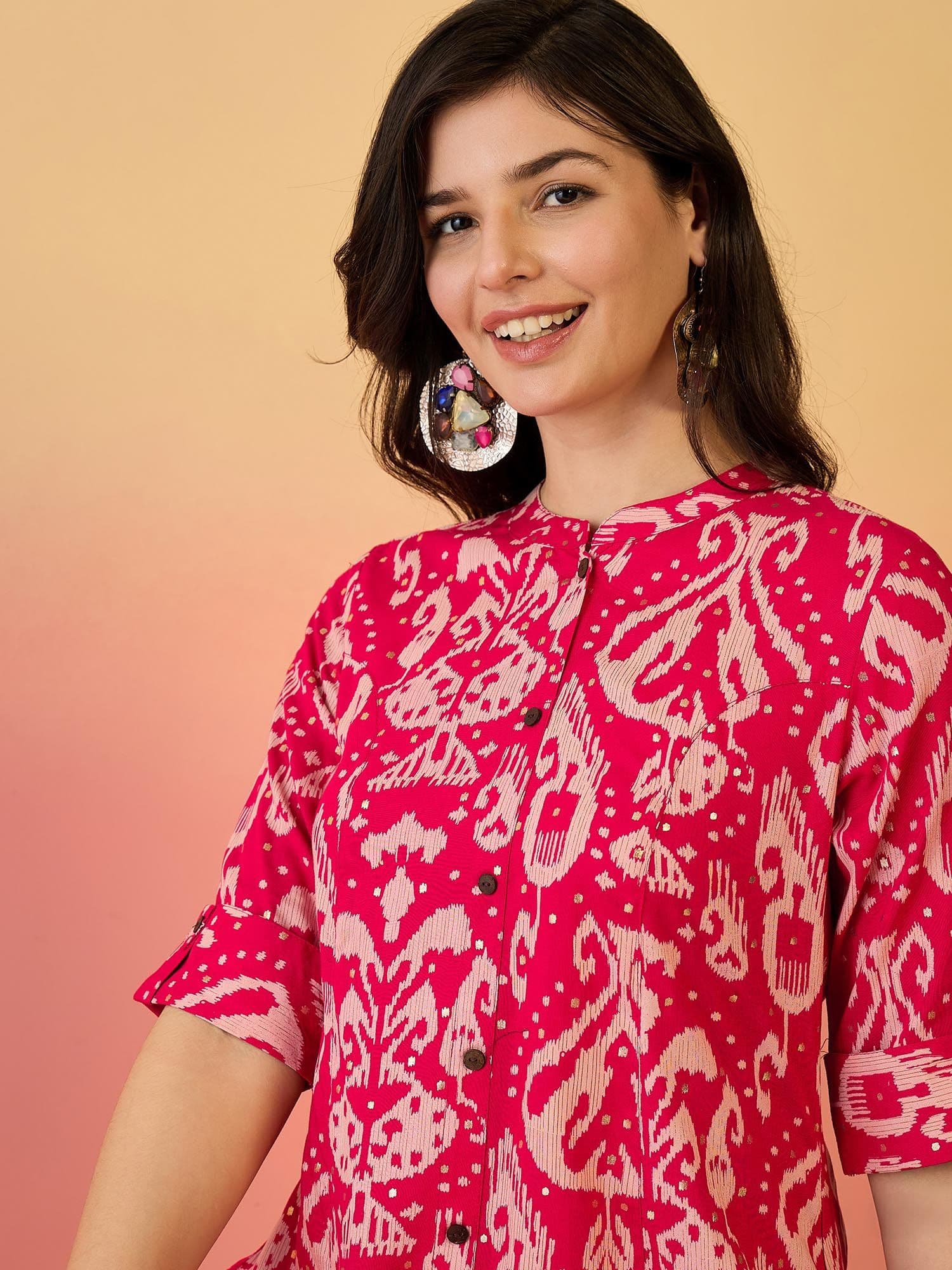 Sangria Red Paisley Printed Mandarin Collar Panelled A-Line Kurta - view 1