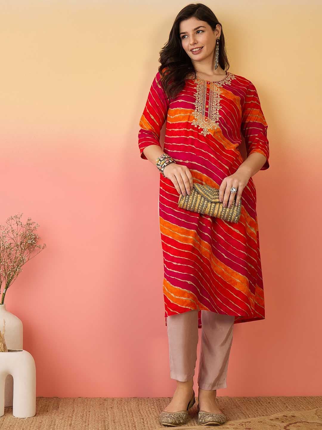 Sangria Red Leheriya Printed Round Neck Embroidered Sequinned Straight Kurta - view 1