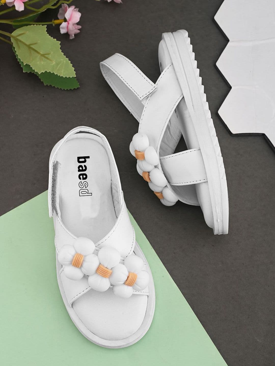 BAESD Girls Textured Velcro Open Toe Flats - view 1