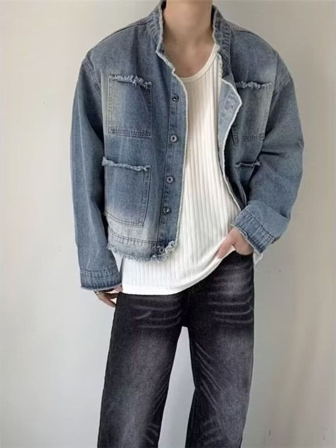 StyleCast Men Mandarin Collar Washed Denim Casual Jacket - view 1