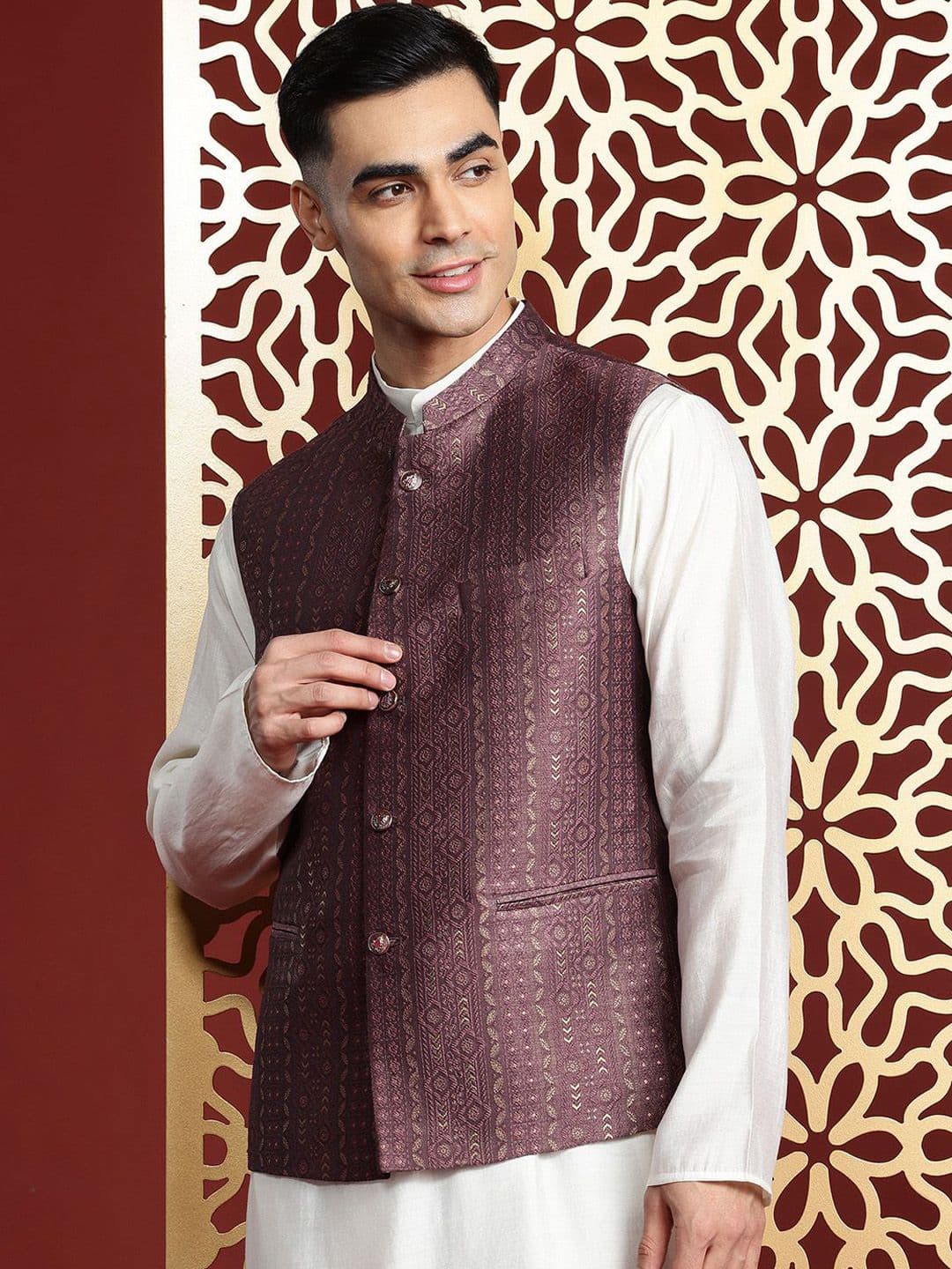 MANQ Ethnic Motifs Woven Design Nehru Jacket - view 1