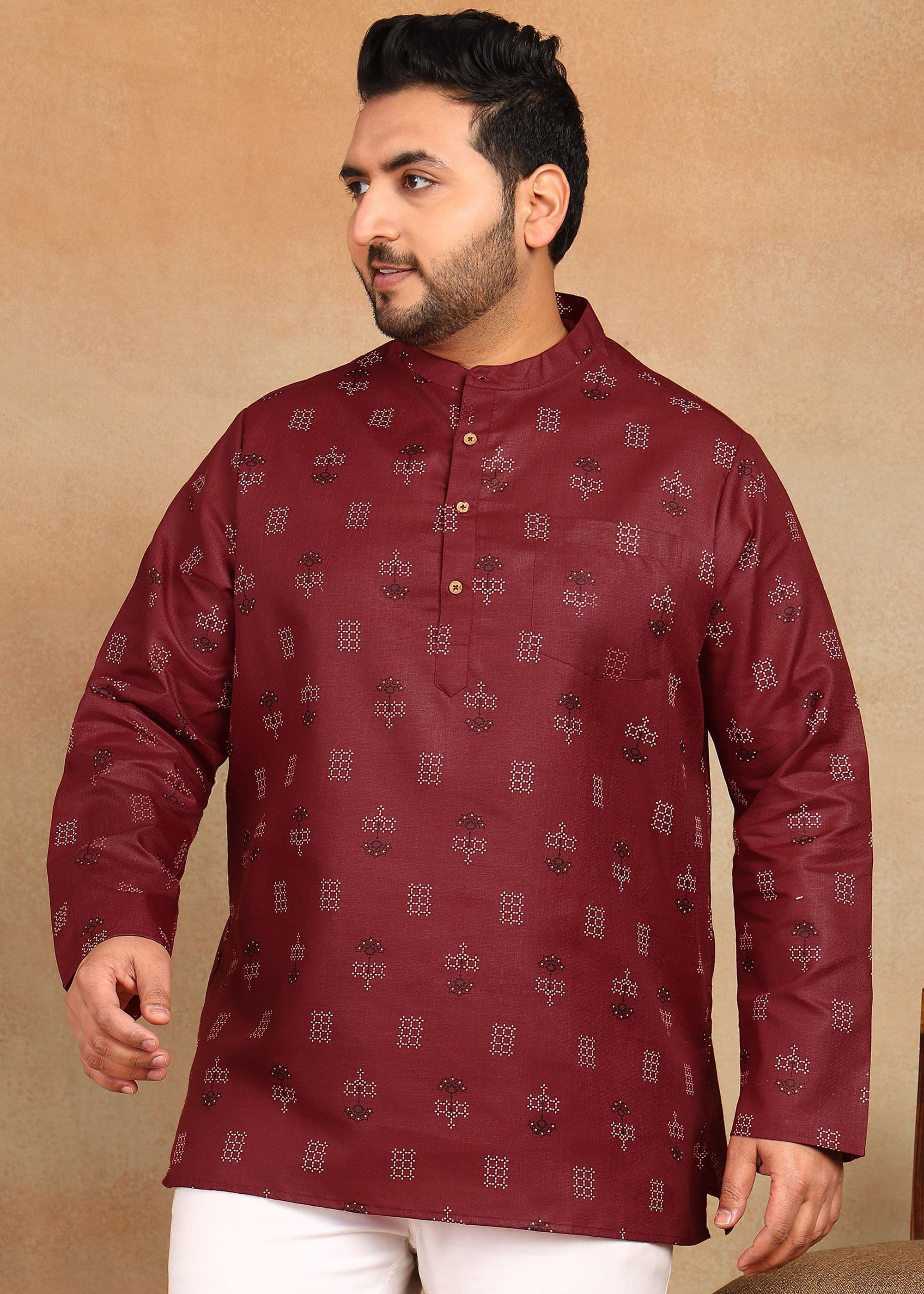 Sztori Plus Size Ethnic Motifs Printed Band Collar Thread Work Straight Short Kurtas - view 1