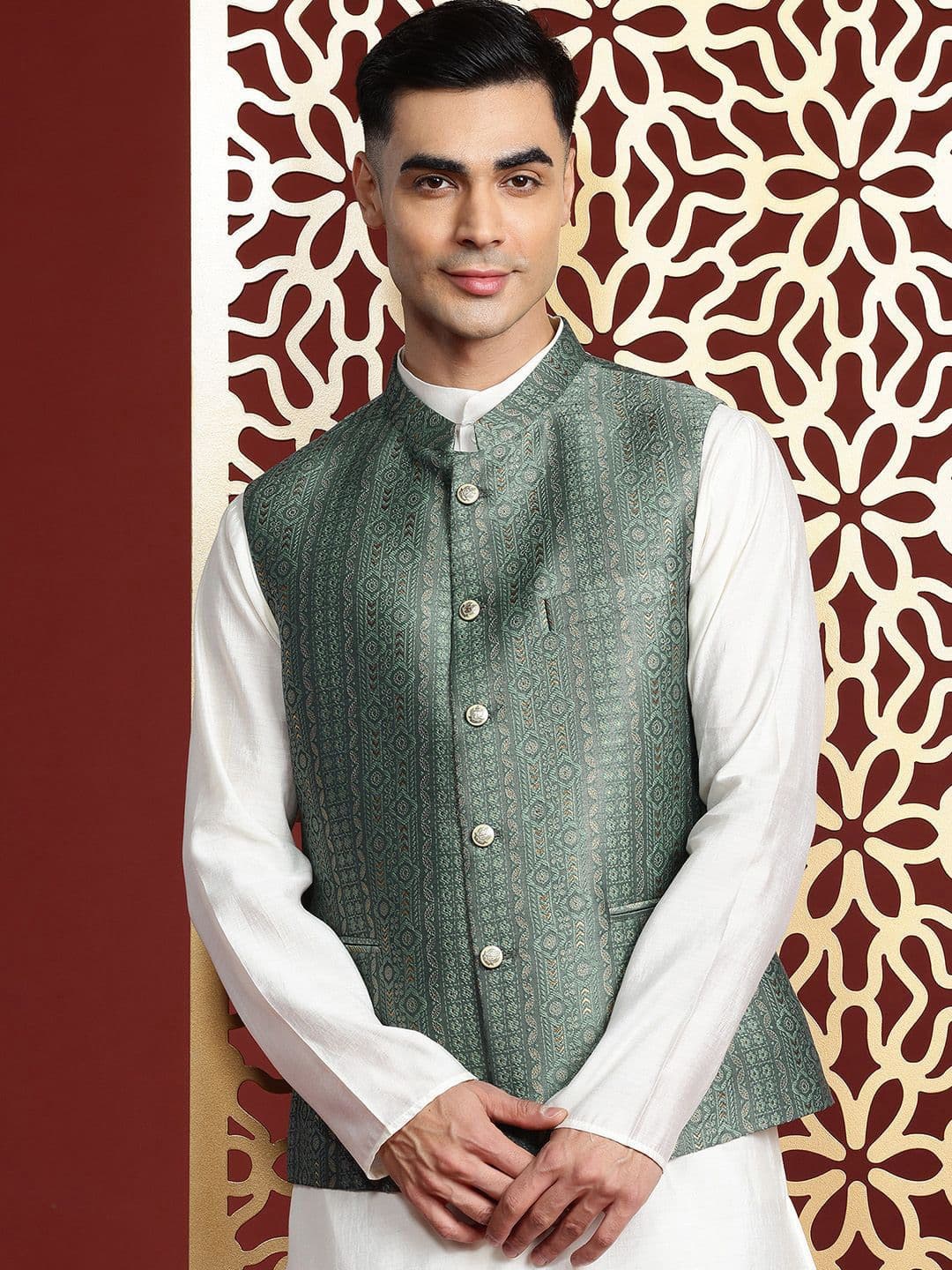 MANQ Ethnic Motifs Woven Design Nehru Jacket - view 1