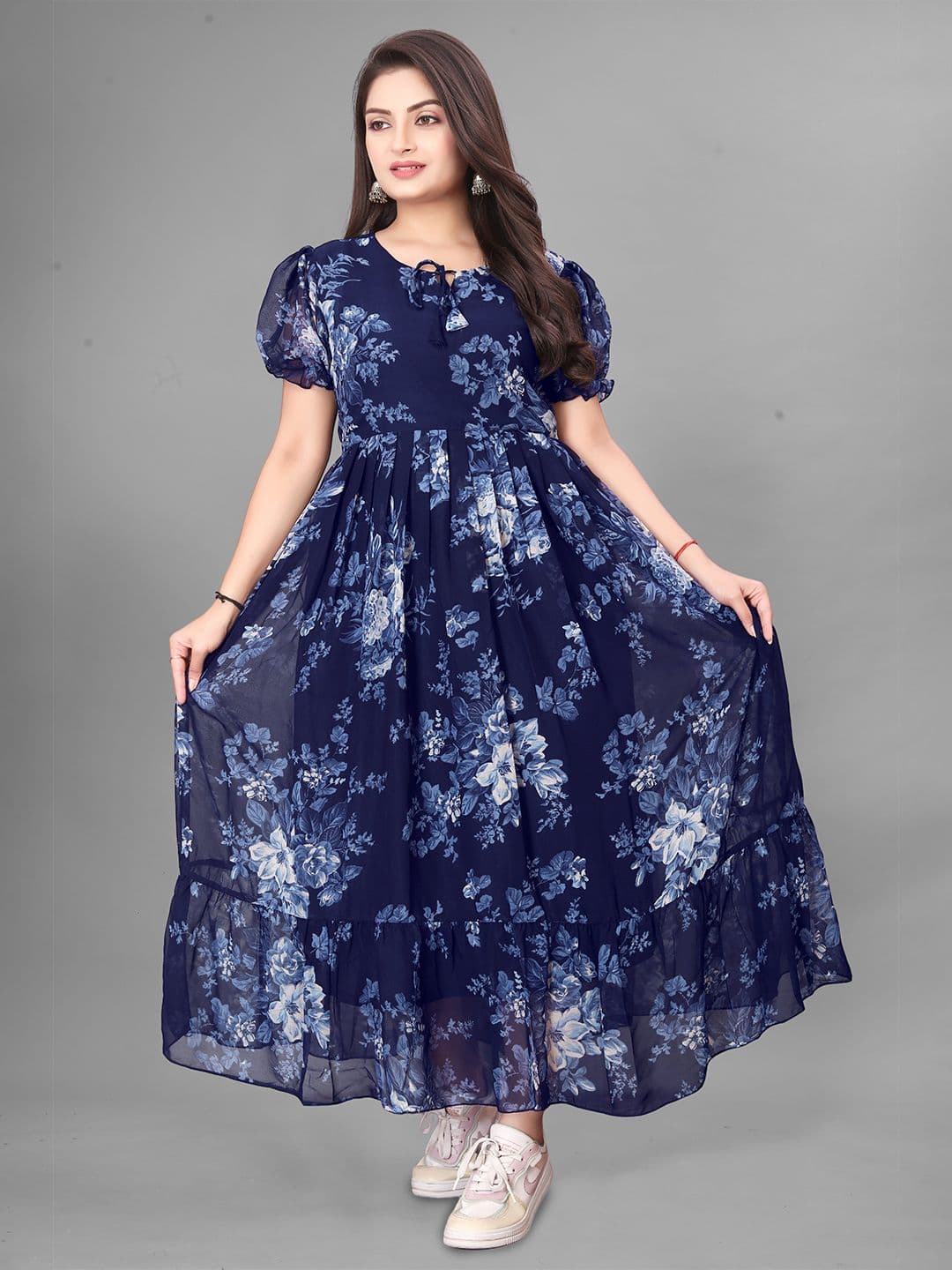 QENA Floral Printed Puff Sleeve Georgette Fit and Flare Maxi Dress - view 1