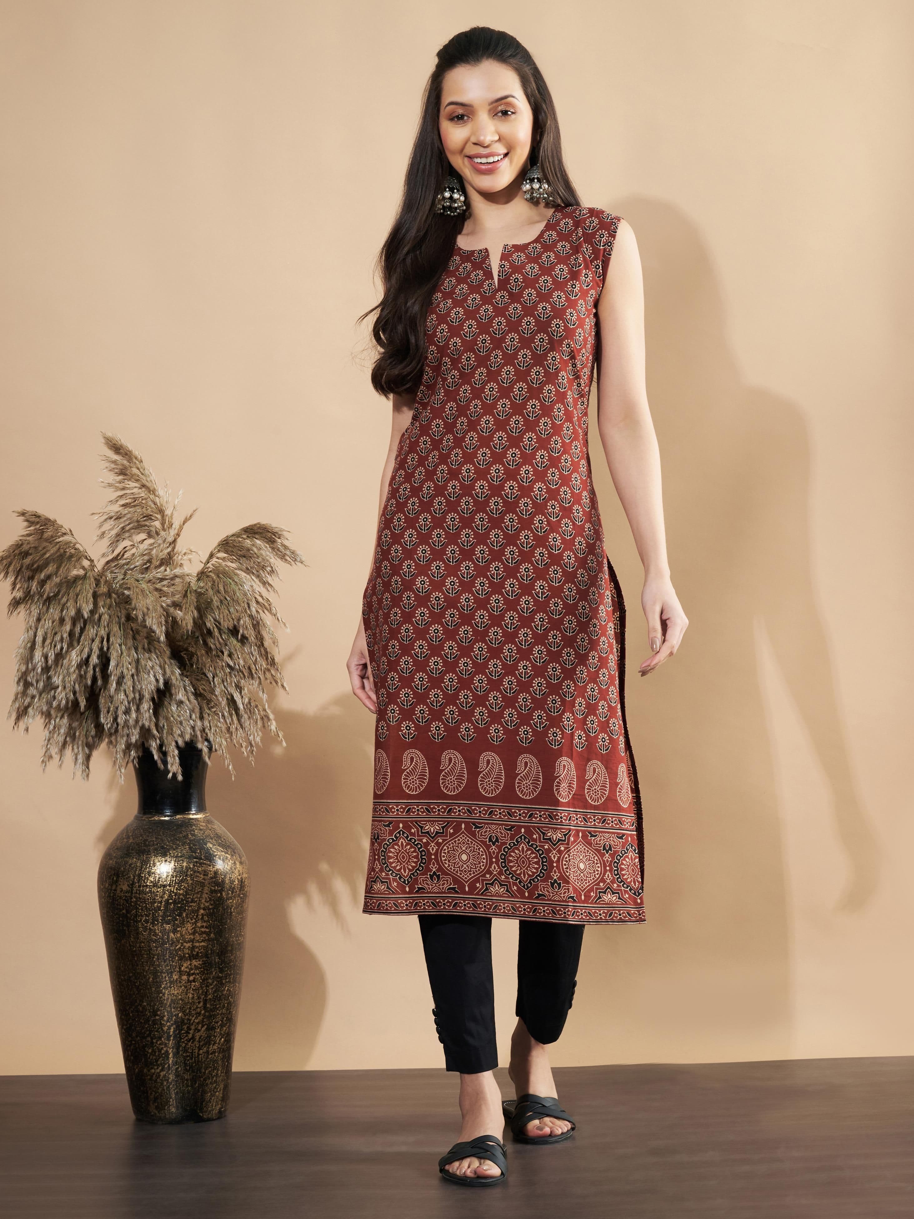 Vbuyz Floral Printed Cotton Sleeveless Notch Neck Straight Kurta - view 1