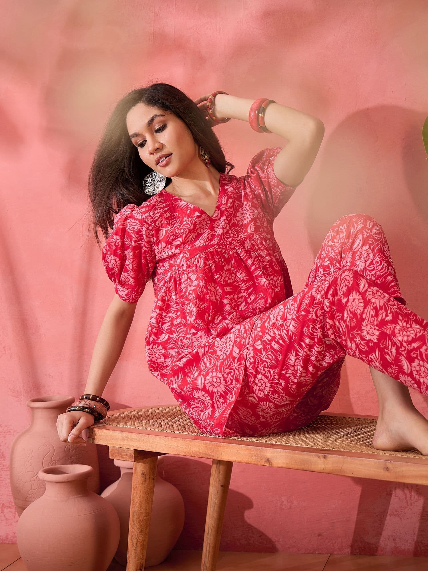 Sangria Printed Pure Cotton Short Sleeve Tunic & Trouser Co-Ords - view 1