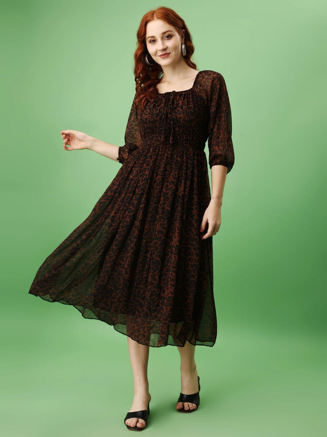 Attire Empire Animal Print Puff Sleeve Smocked Fit & Flare Midi Dress - view 1