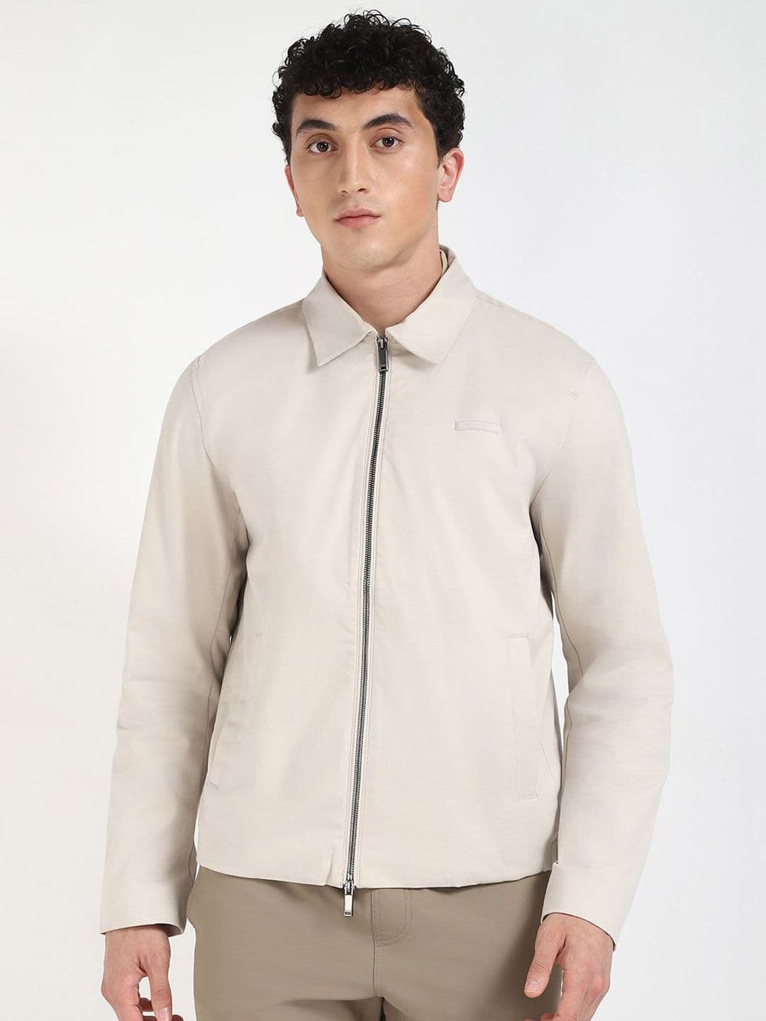 Calvin Klein Men Spread Collar Solid Cotton Casual Bomber Jacket - view 1