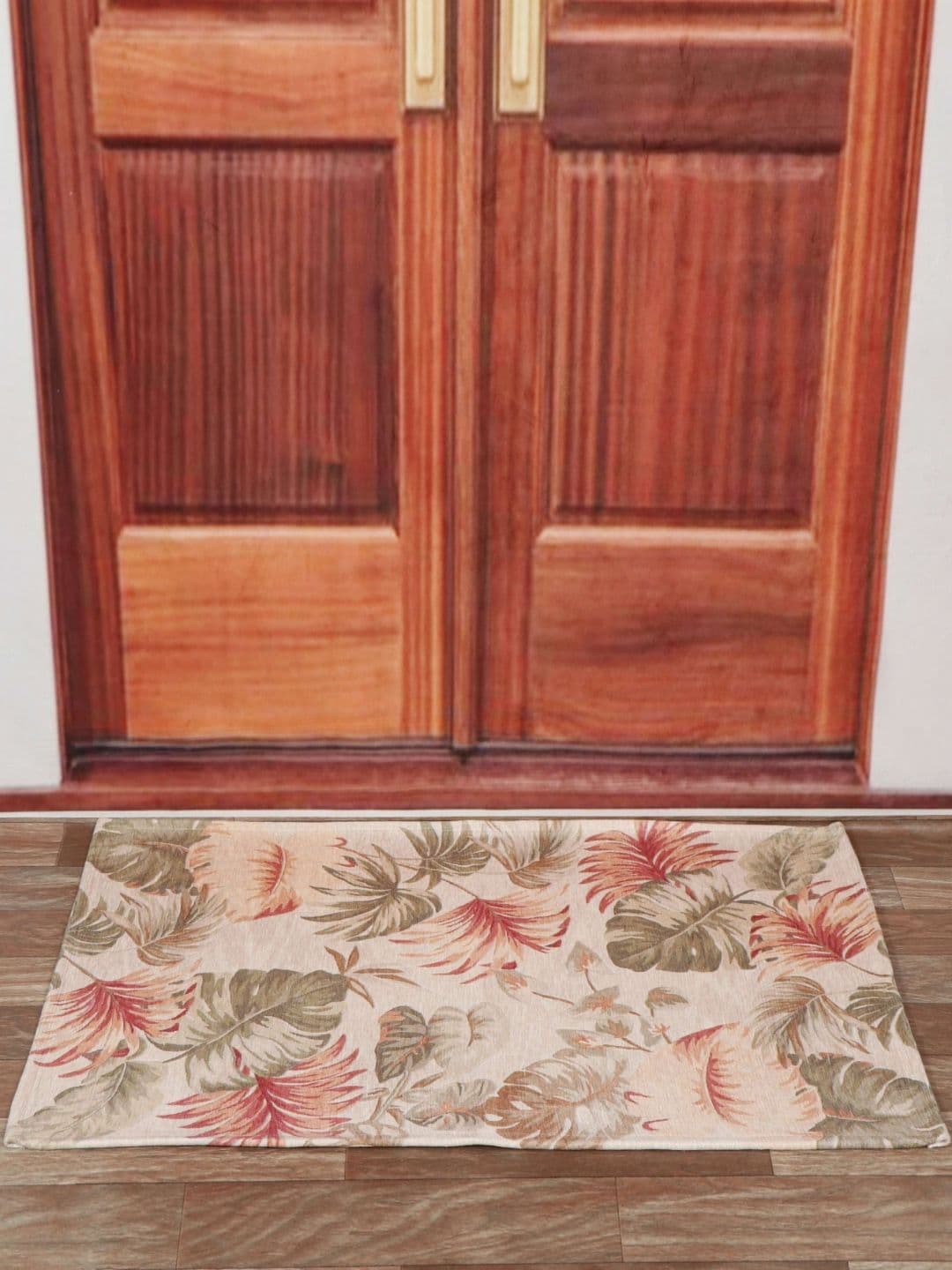 Aura Beige & Peach Colored Leaves Printed Anti Skid Doormat - view 1