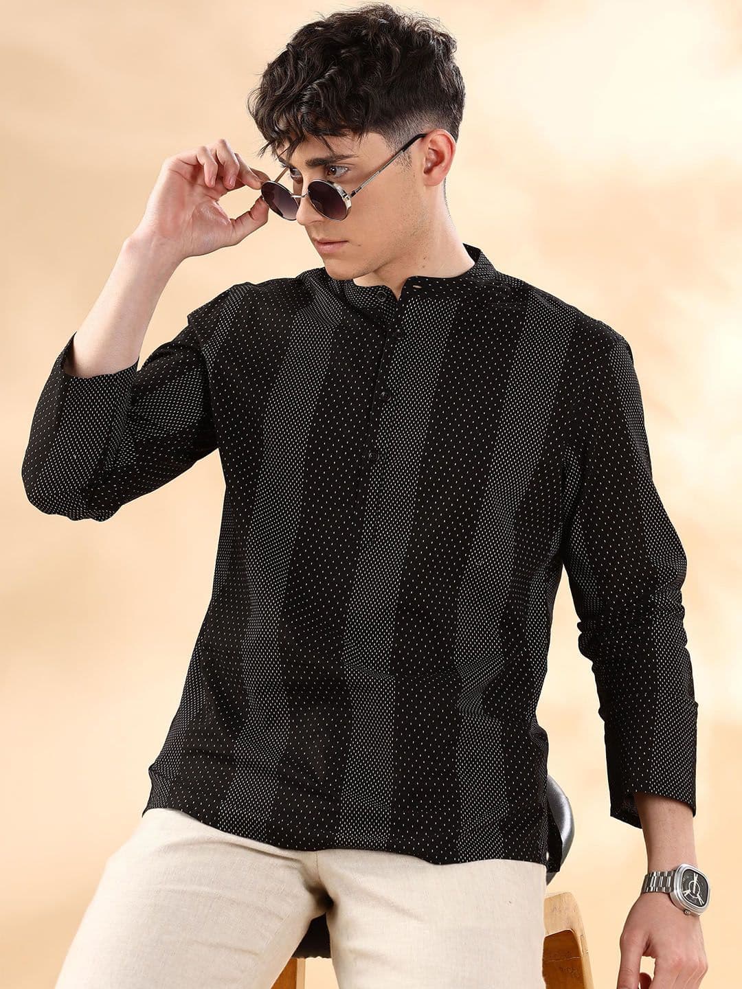 Anouk Black & White Geometric Band Collar Pure Cotton Straight Short Kurta - view 1