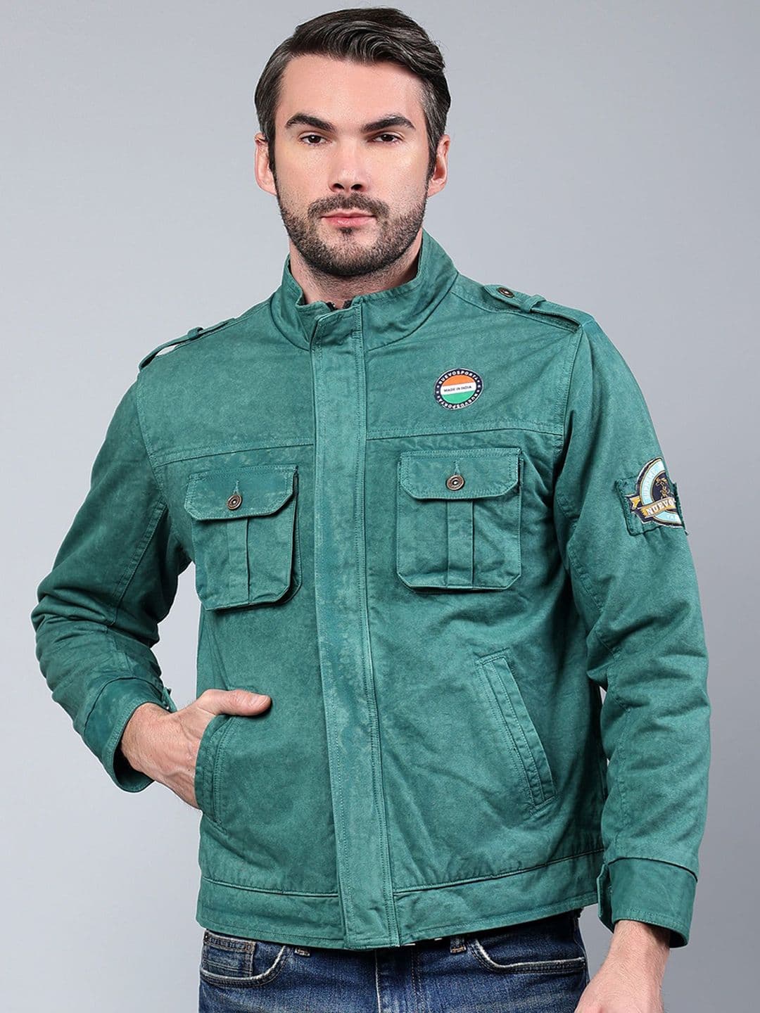 NUEVOSDAMAS Men Mock Collar Solid Cotton Casual Denim Jacket - view 1