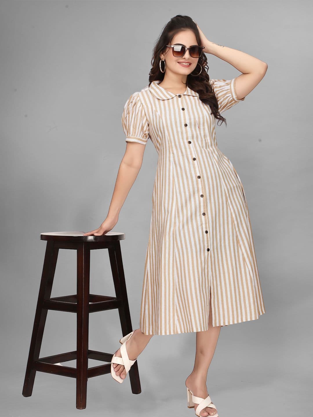 QENA Women Cotton Striped Puff Sleeve A-Line Midi Dress - view 1