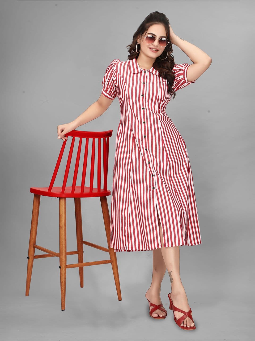 QENA Striped Puff Sleeve Cotton A-Line Midi Dress - view 1