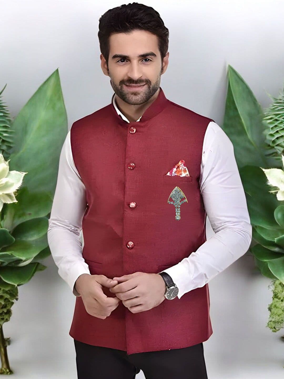 Eliq Jute Cotton Mandarin Collar Nehru Jacket with Brooch - view 1