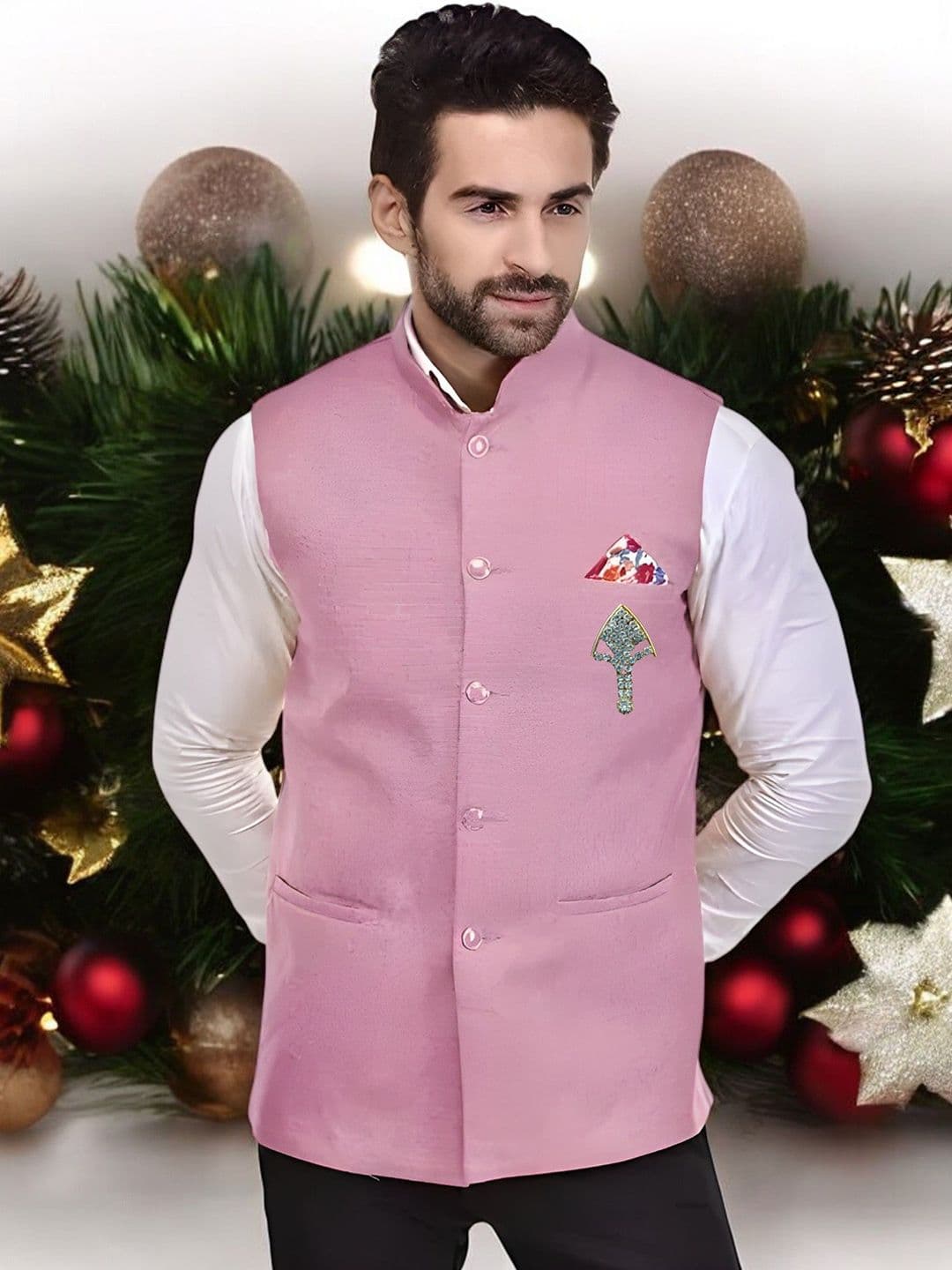 Eliq Jute Cotton Mandarin Collar Nehru Jacket with Brooch - view 1