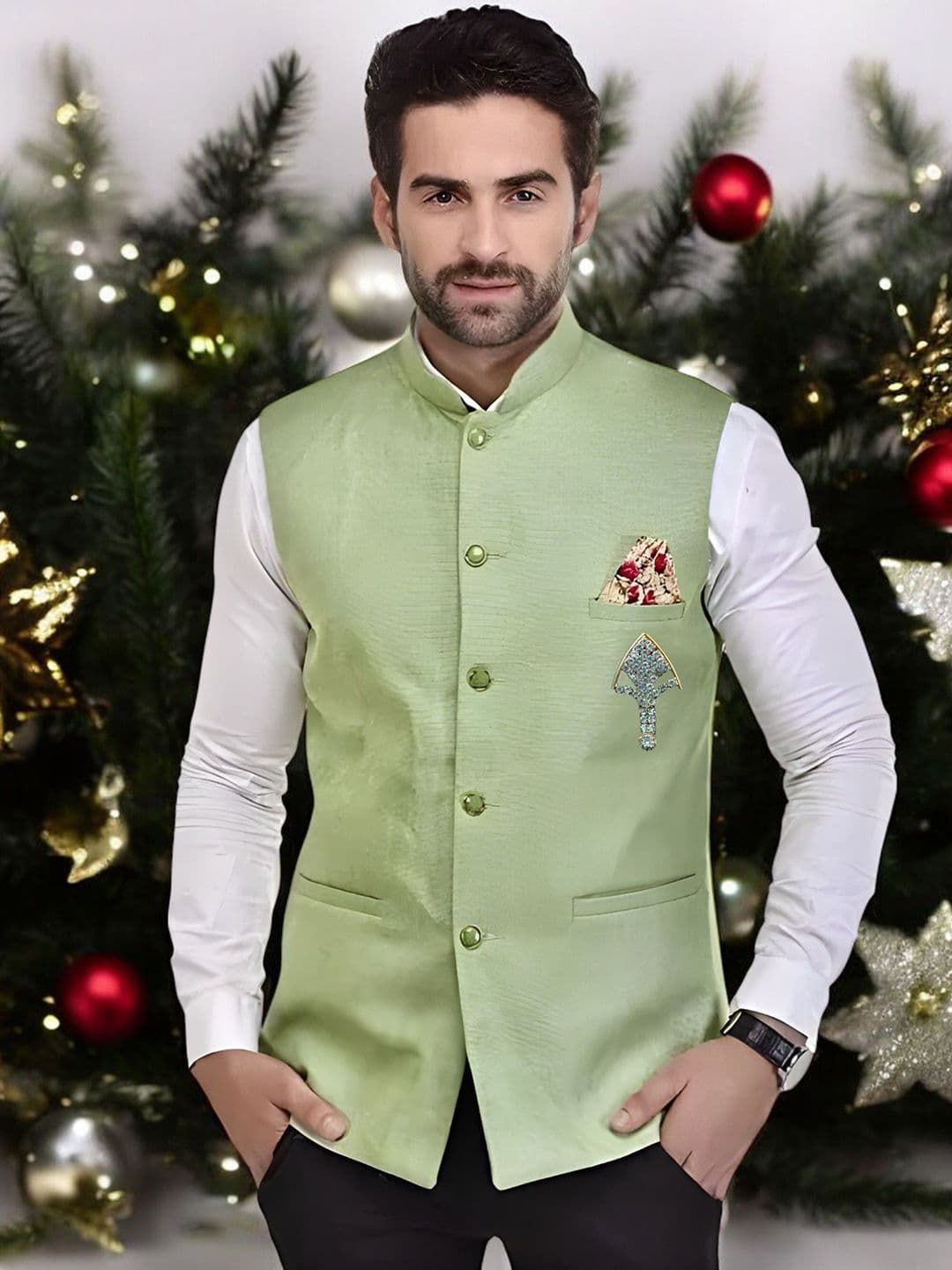 Eliq Jute Cotton Mandarin Collar Nehru Jacket with Brooch - view 1