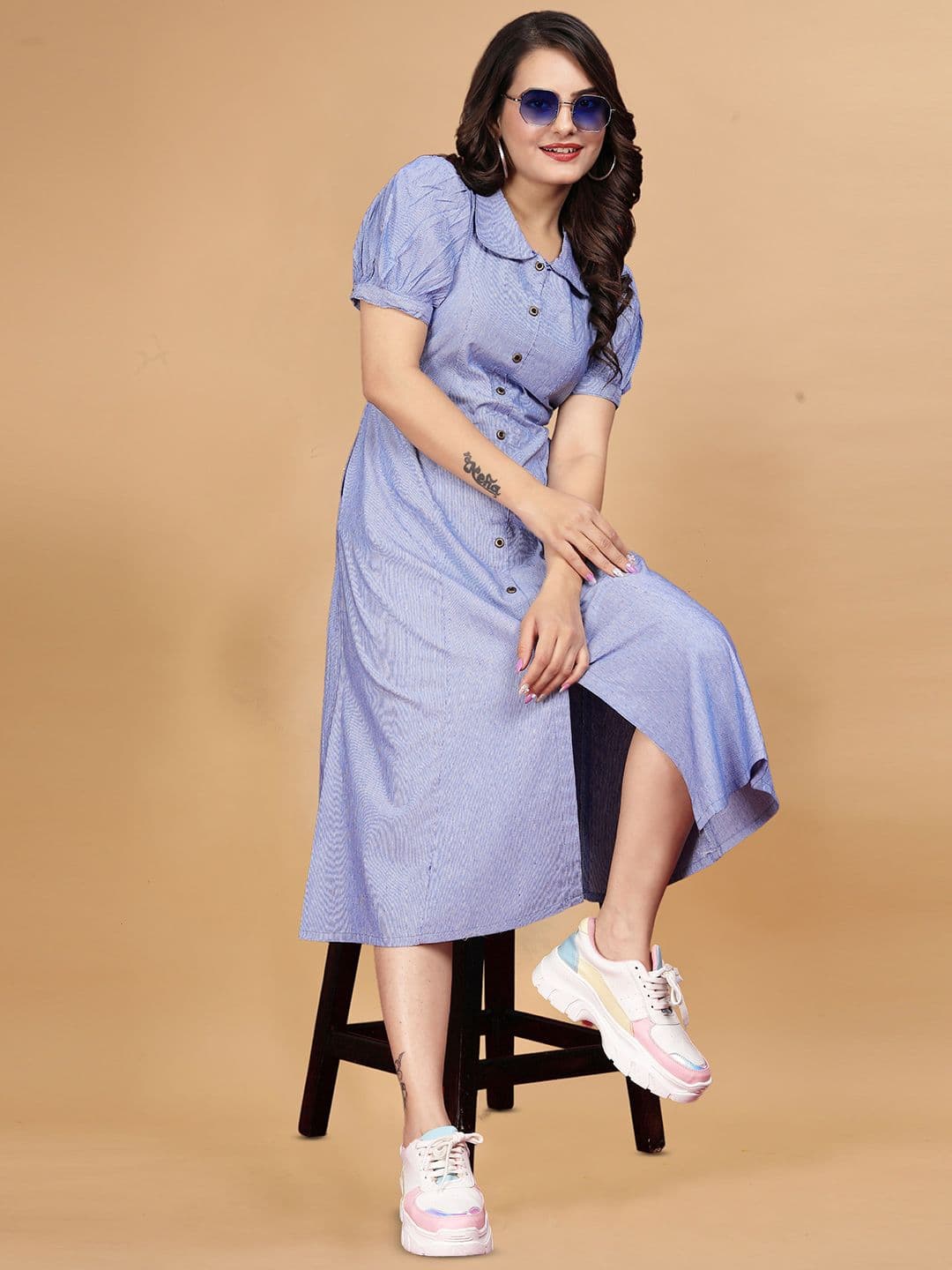 QENA Women Peter Pan Collar Cotton Shirt Midi Dress - view 1