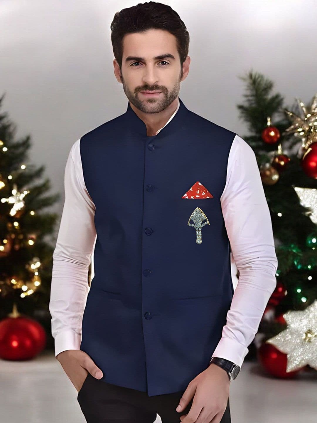 Eliq Jute Cotton Mandarin Collar Nehru Jacket with Brooch - view 1