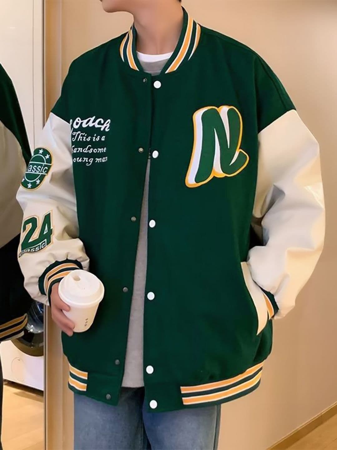 HERE&NOW Men Stand Collar Typography Printed Cotton Casual Varsity Jacket - view 1