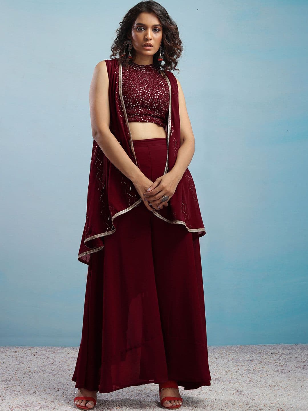 SANCIA Embroidered Halter Neck Crop Top with Palazzos & Dupatta - view 1