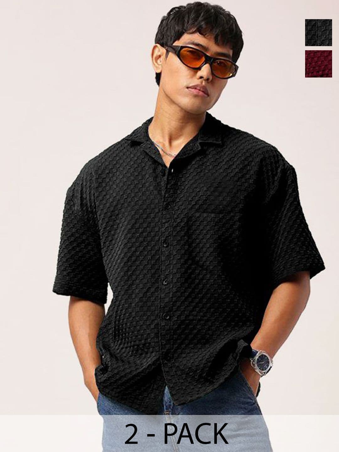 SZN Men Pack Of 2 Standard Relaxed Fit Cuban Collar Textured Casual Shirts - view 1