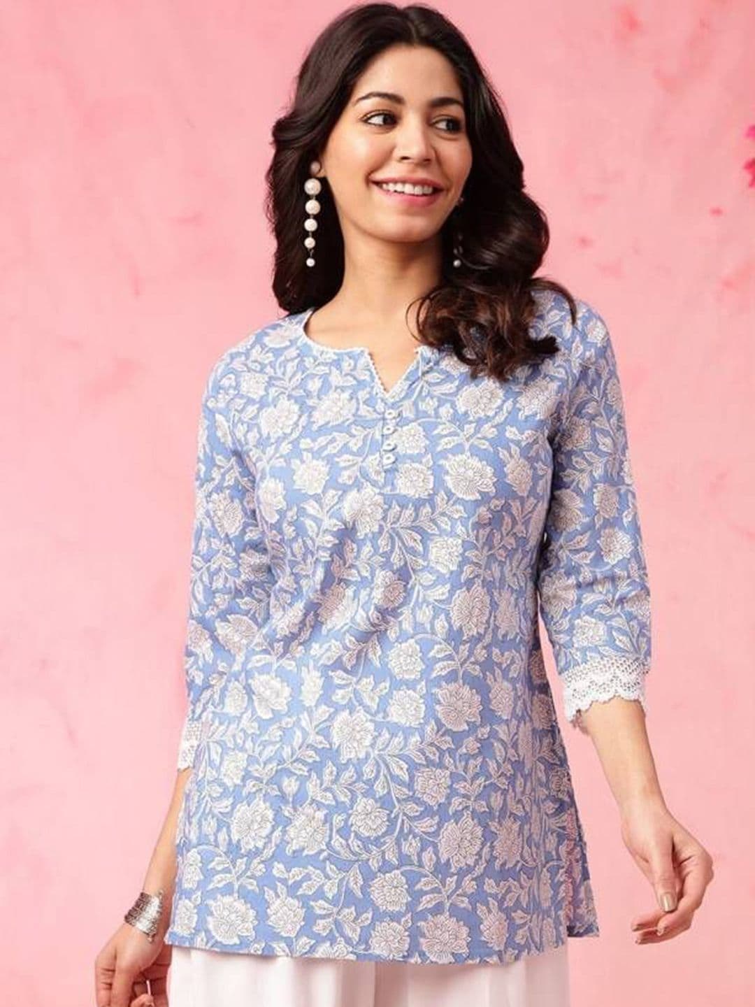Subh LAXMI Floral Printed Notch Neck Pure Cotton Straight Short Kurta - view 1