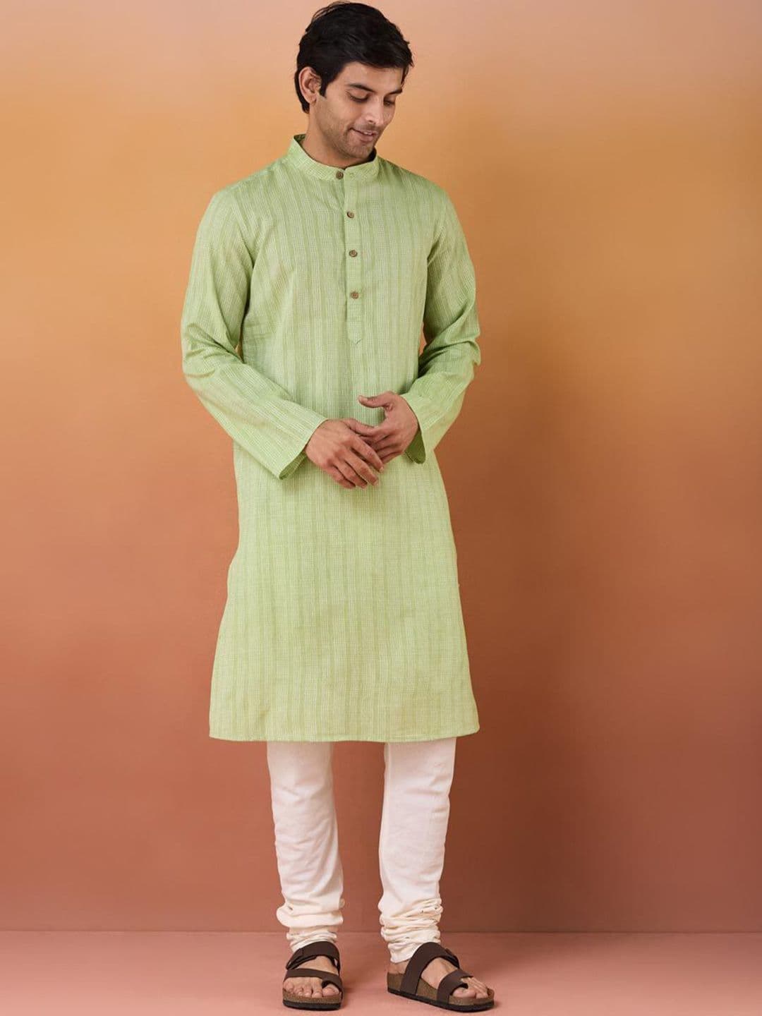 Fabindia Men Striped Band Colla Cotton Straight Kurta - view 1