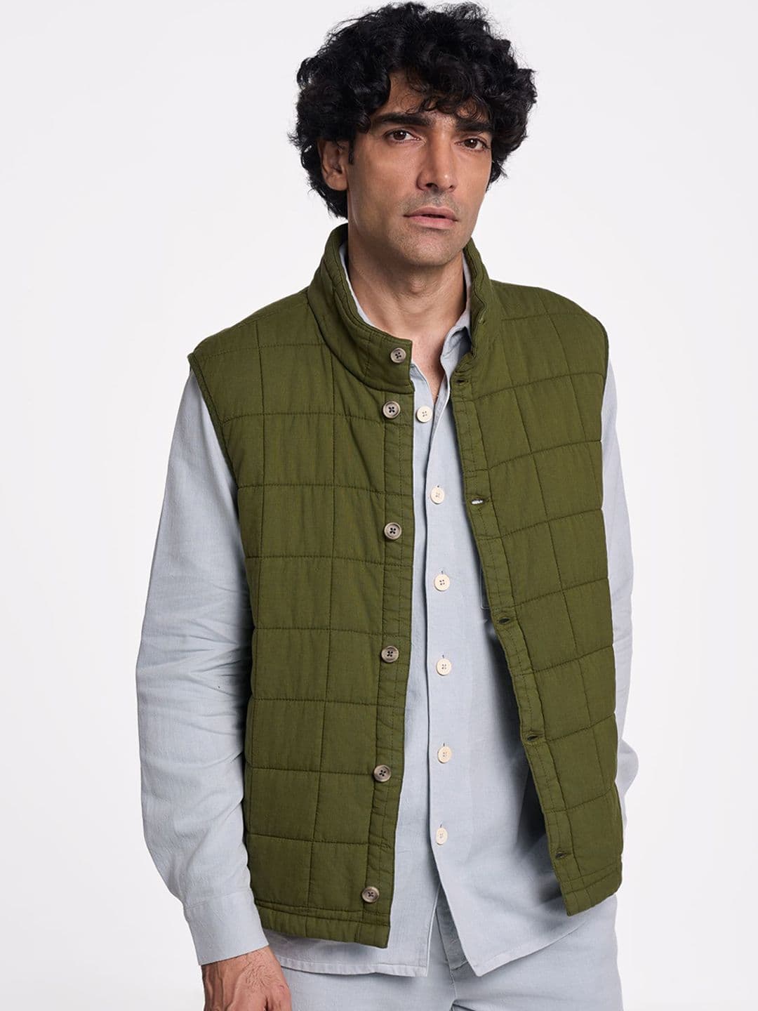 Terra Luna Men Mandarin Collar Solid Cotton Casual Gilet Jacket - view 1