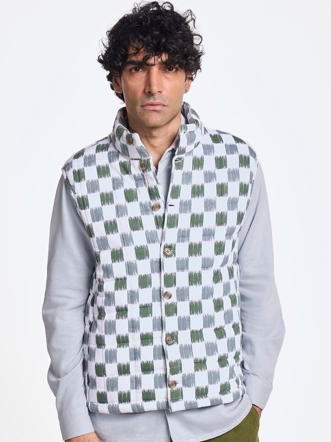 Terra Luna Men Mandarin Collar Checked Cotton Casual Gilet Jacket - view 1