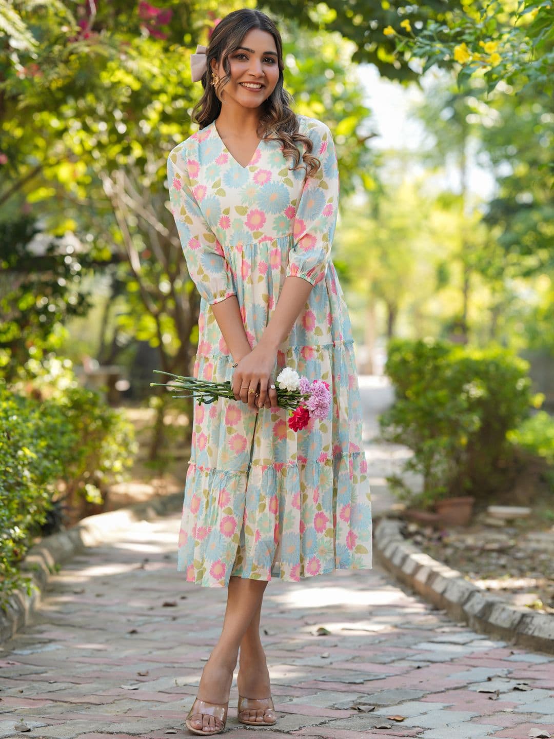 Janasya Women Cream Georgette Floral Printed Tiered Dress - view 1