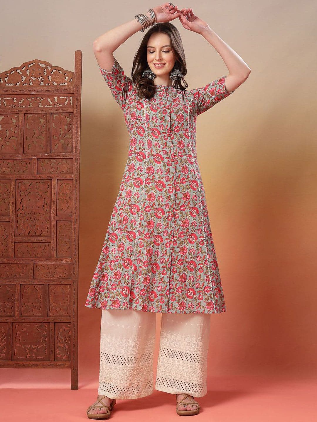 Stylum Floral Printed Mandarin Collar Pure Cotton A-Line Kurtas - view 1
