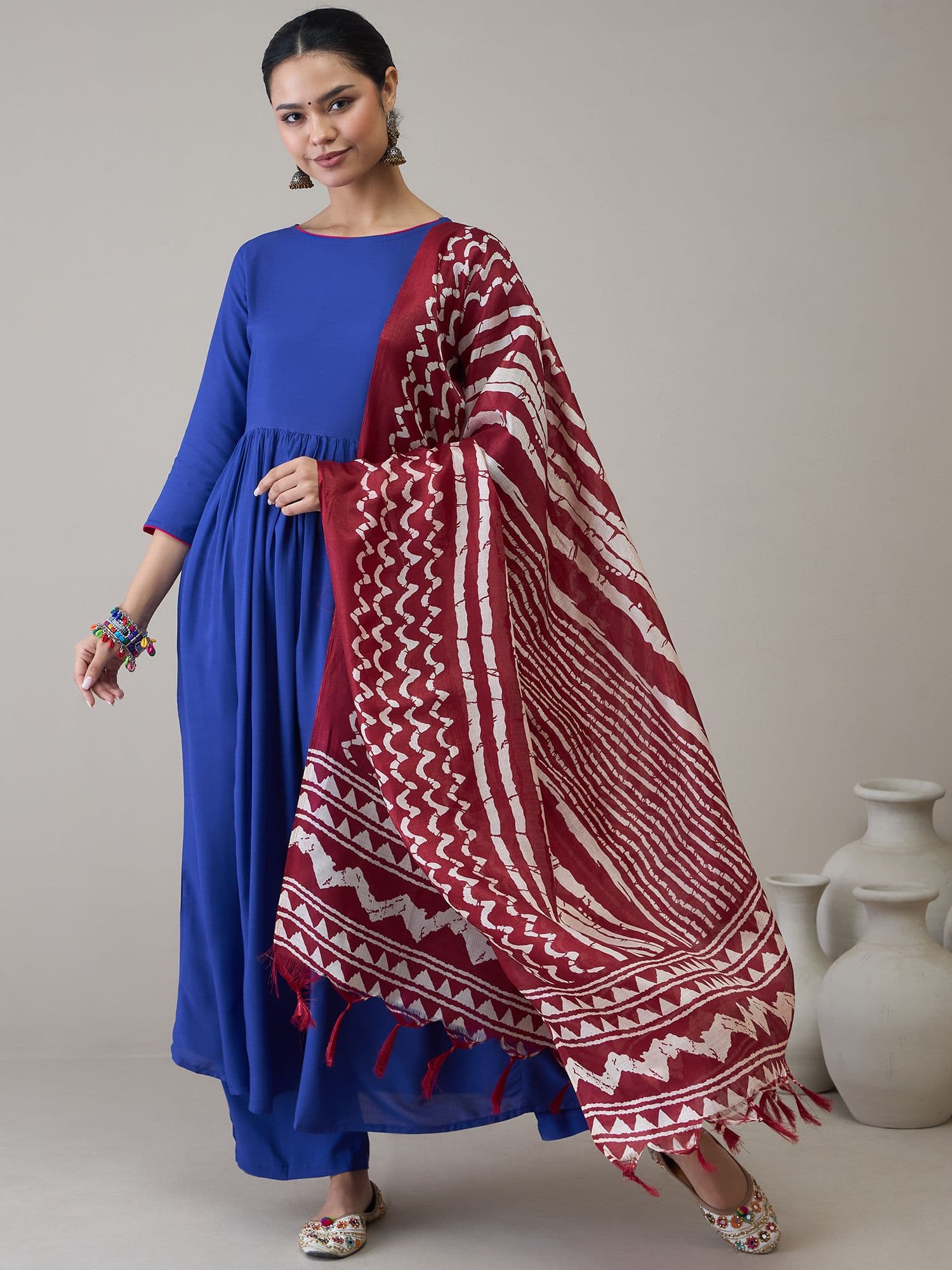 InWeave Women Pleated Kurta with Palazzos & With Dupatta - view 1
