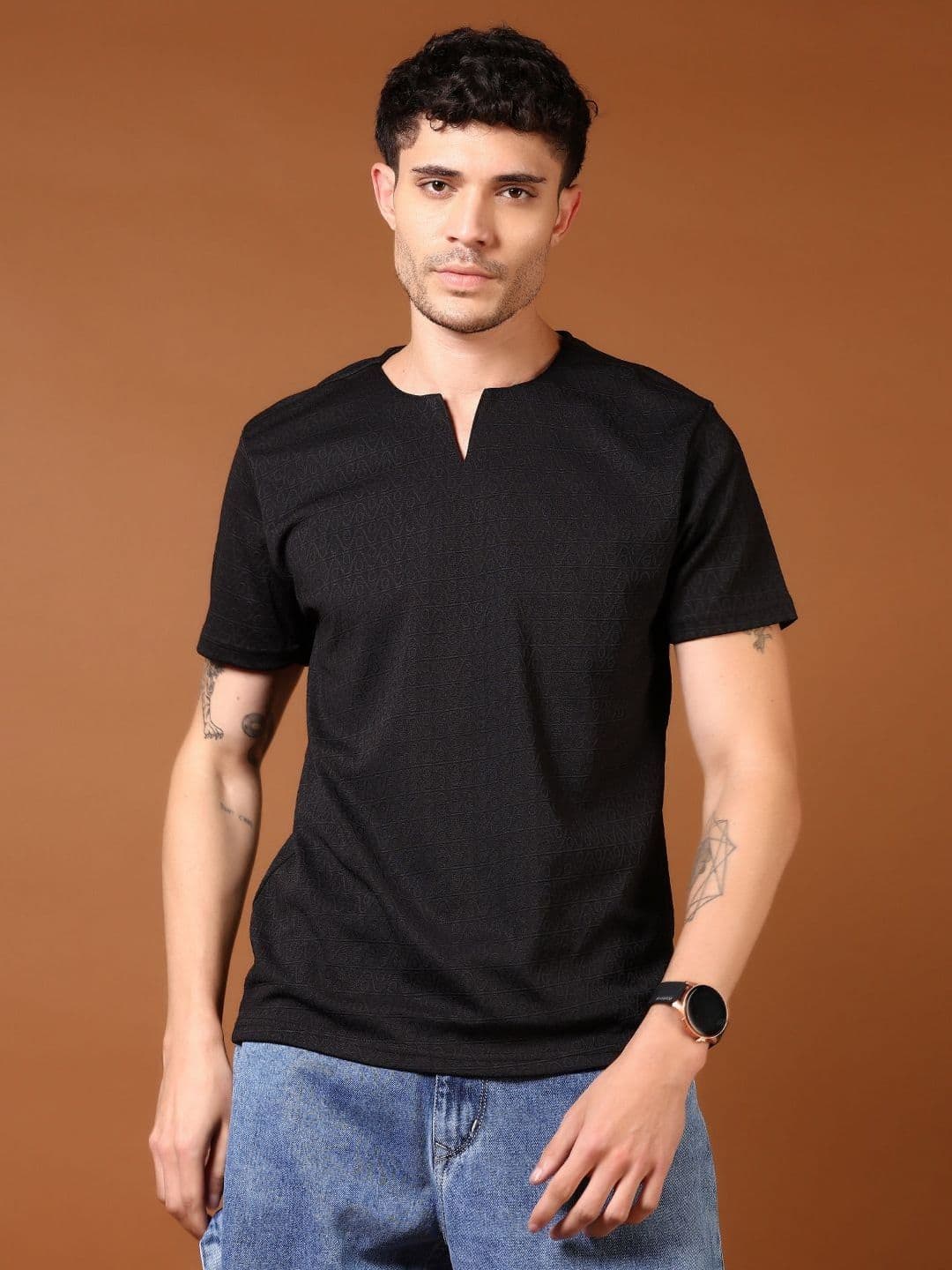 V-Mart Men Self Design Mandarin Collar Cotton T-shirt - view 1