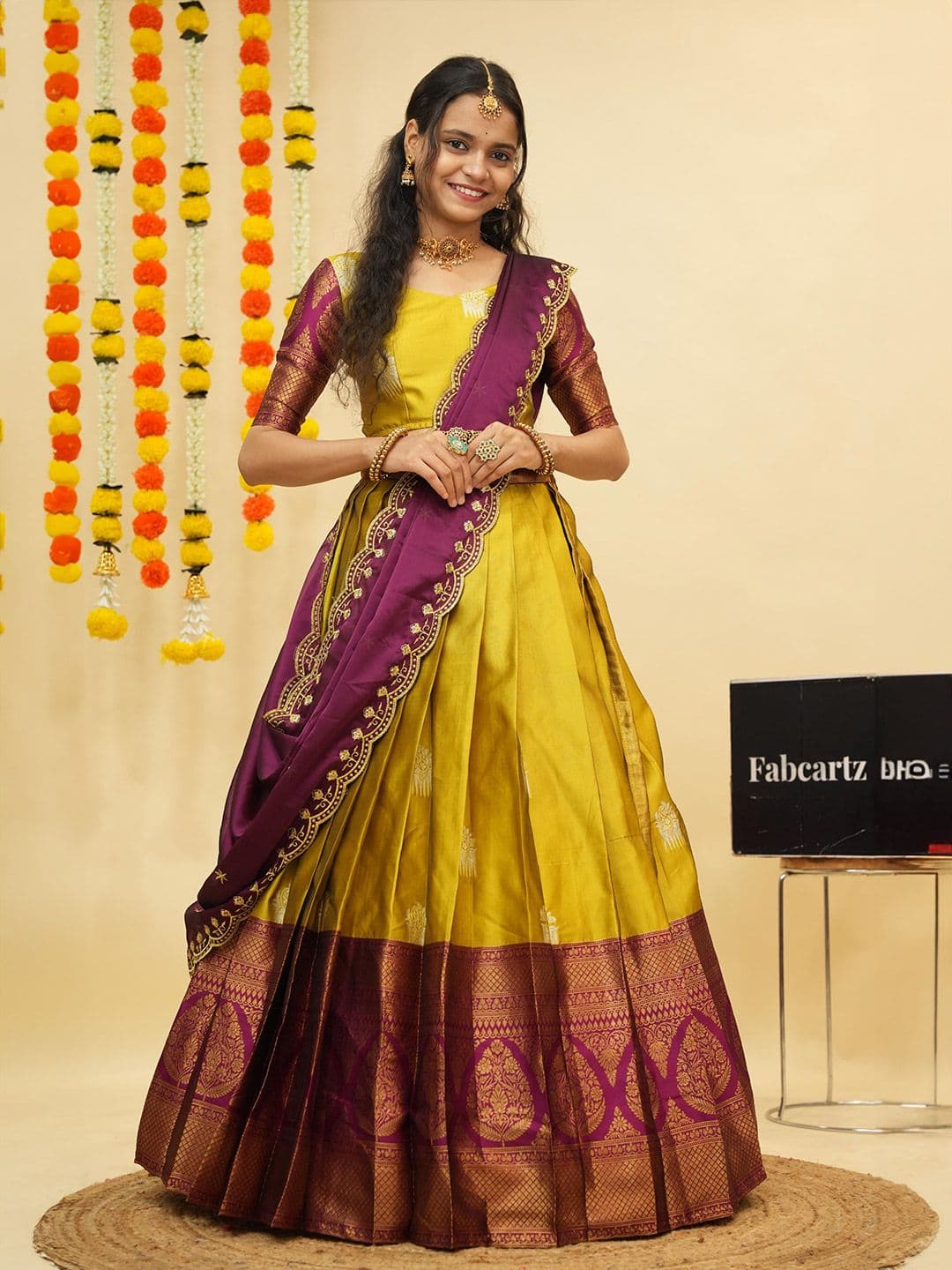 Fabcartz Floral Woven Design Zari Semi-Stitched Lehenga & Unstitched Blouse With Dupatta - view 1