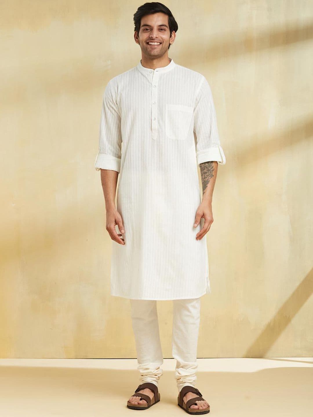 Fabindia Striped Mandarin Collar Cotton Straight Kurta - view 1